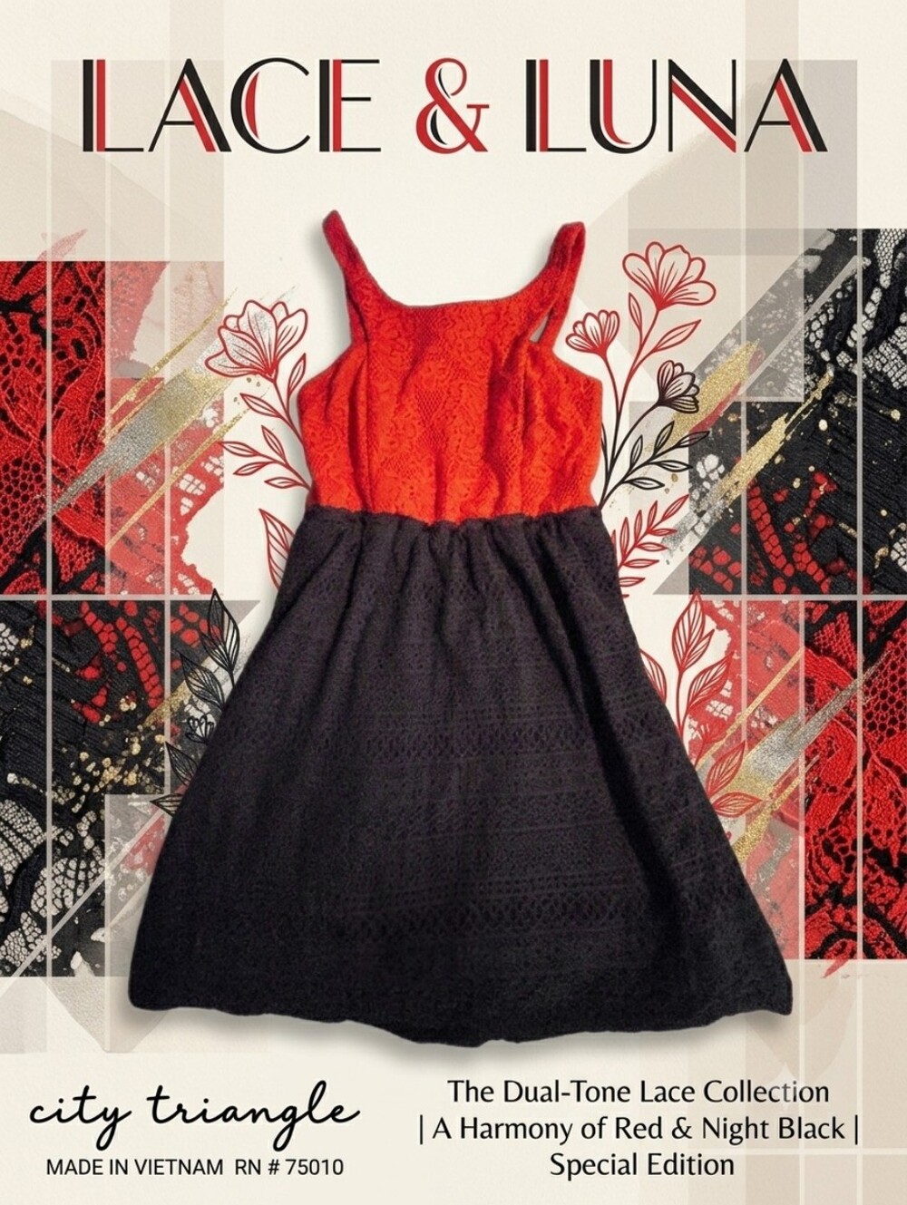 City Triangles Sleeveless Orange Lace Bodice with Navy Eyelet Skirt Dress